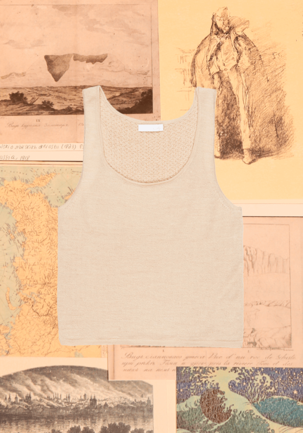 A beige, sleeveless knit tank top with a rounded neckline, displayed on a background of vintage maps and sketches.
