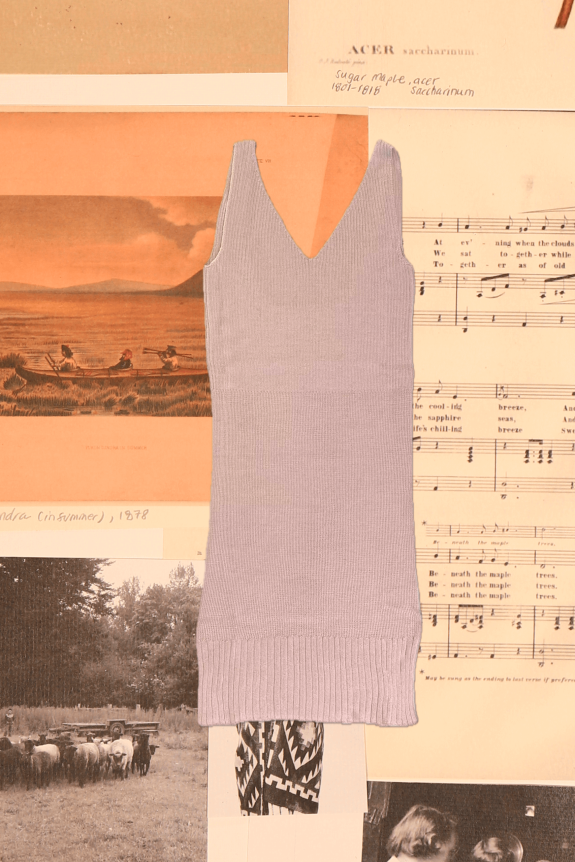 A lilac knitted sleeveless dress with a V-neck, fitted silhouette, and ribbed hem, overlaid on a vintage collage background featuring sheet music, photographs, and botanical illustrations.