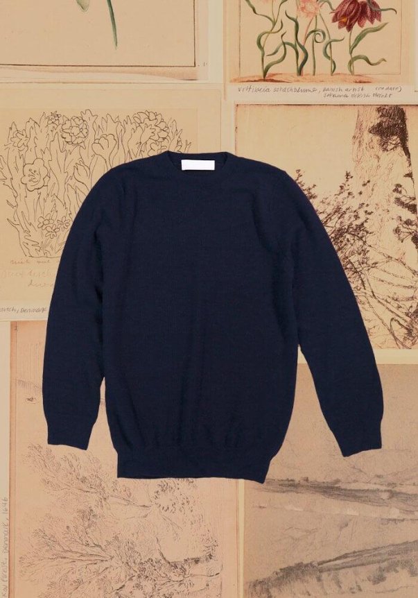 A navy blue, long-sleeved, crew-neck sweater with a classic fit, laid on a background of botanical illustrations.