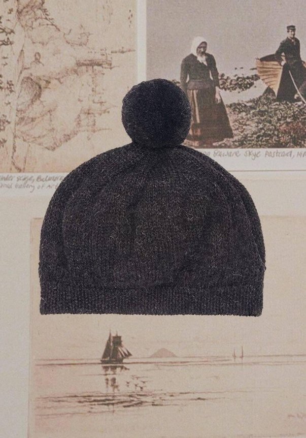 A dark gray woolen beanie with a pom-pom, set against a backdrop of vintage sepia-toned photographs.
