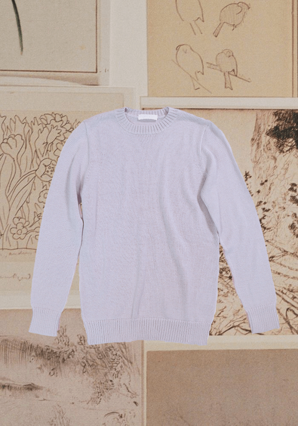 A light lavender crew-neck sweater with ribbed cuffs and hem, set against a backdrop of vintage-style line drawings.
