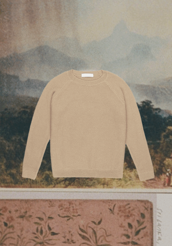 Hesperios 001 Fårö unisex baby alpaca sweater in Natural relaxed fit rice-stitch knit with ribbed neck, cuffs, and hem.