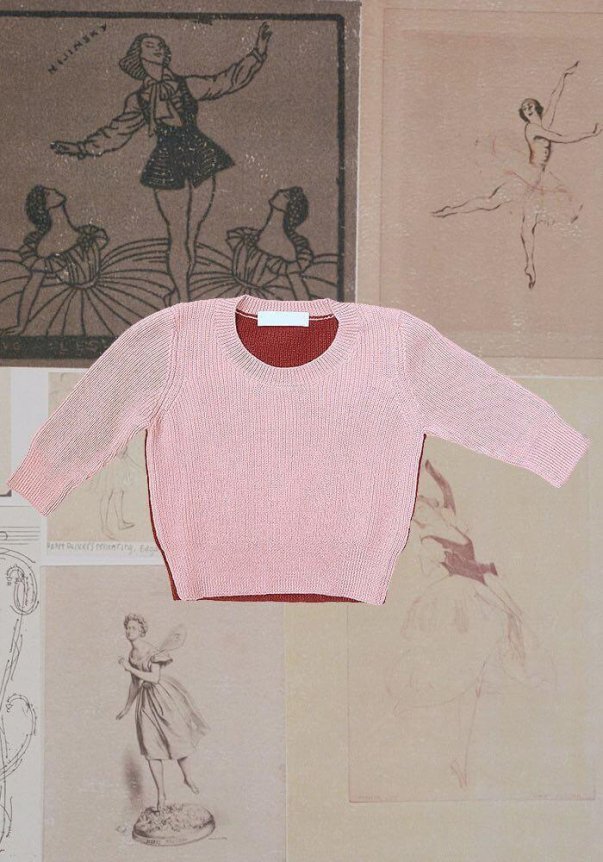 A pink, round-neck, knitted sweater with a relaxed fit is displayed against a backdrop of vintage ballet sketches.