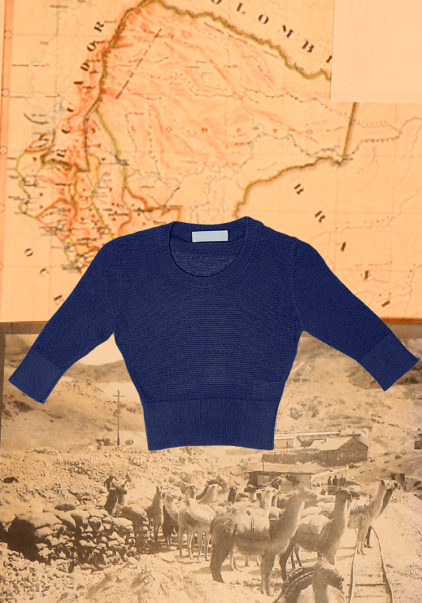 A blue knit, cropped sweater with long sleeves, set against a vintage map and a sepia-toned photo of llamas in a mountainous terrain.
