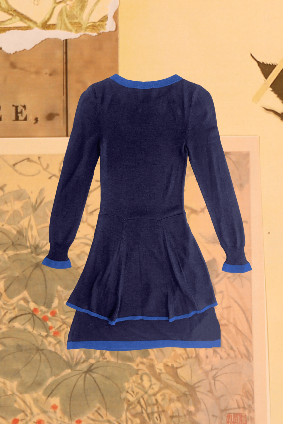 A navy blue velvet long-sleeve dress with a peplum hem and light blue trim against a vintage botanical background.