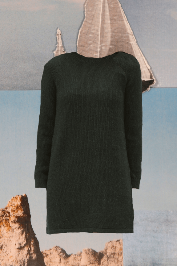 A black, long-sleeved, knit dress with a simple, straight fit set against a scenic, abstract background with earthy tones.