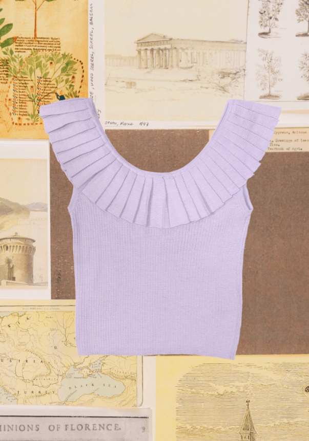 Lilac knit sleeveless top with a ruffled collar, set against a backdrop of vintage-style landscape illustrations.