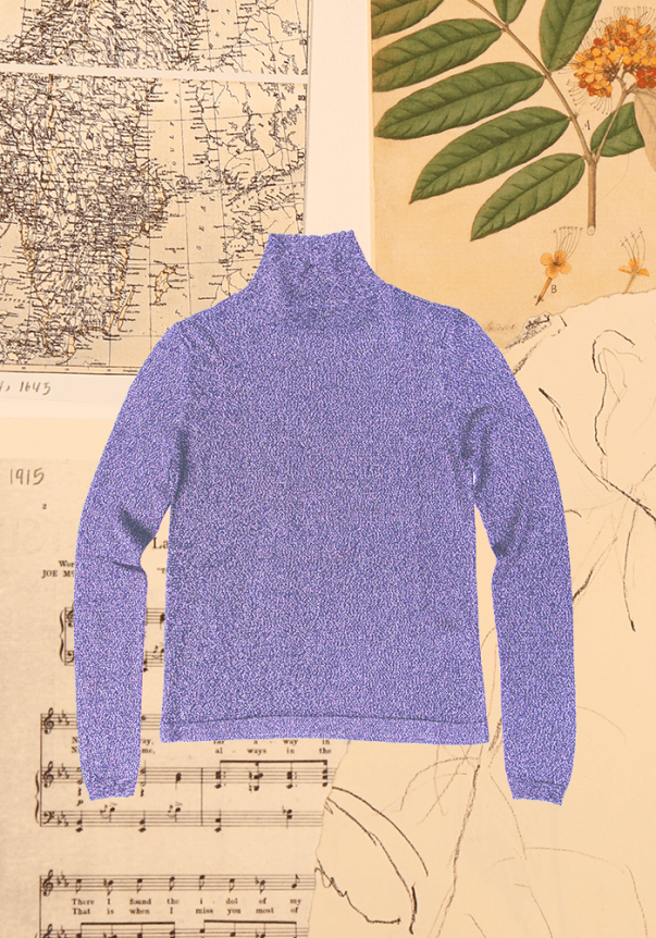 A purple speckled turtleneck sweater with a fitted design, set against a collage of vintage maps, botanical illustrations, and sheet music.