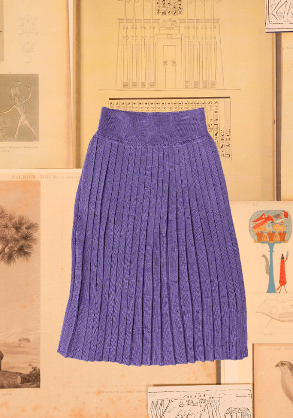 A purple pleated knit skirt is displayed on a vintage architectural sketch background.