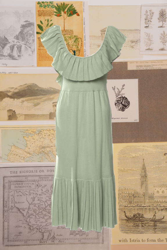 A mint green, sleeveless dress with a ruffled neckline and hem, set against a collage of vintage maps and botanical illustrations.