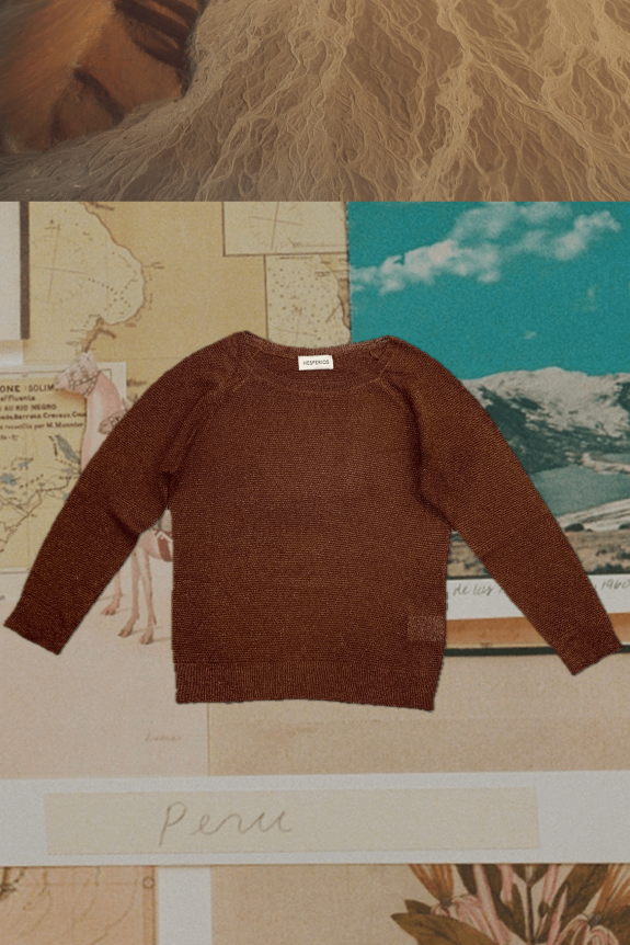 A brown, long-sleeved, knit sweater with a label reading 