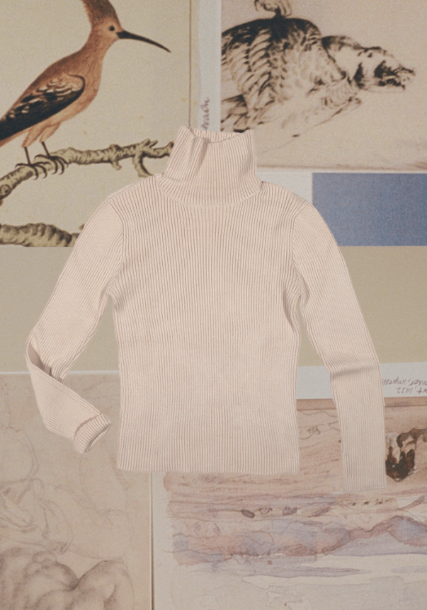 A cream-colored, ribbed, turtleneck sweater made of knitted fabric, laid flat against a backdrop of vintage bird and nature illustrations.