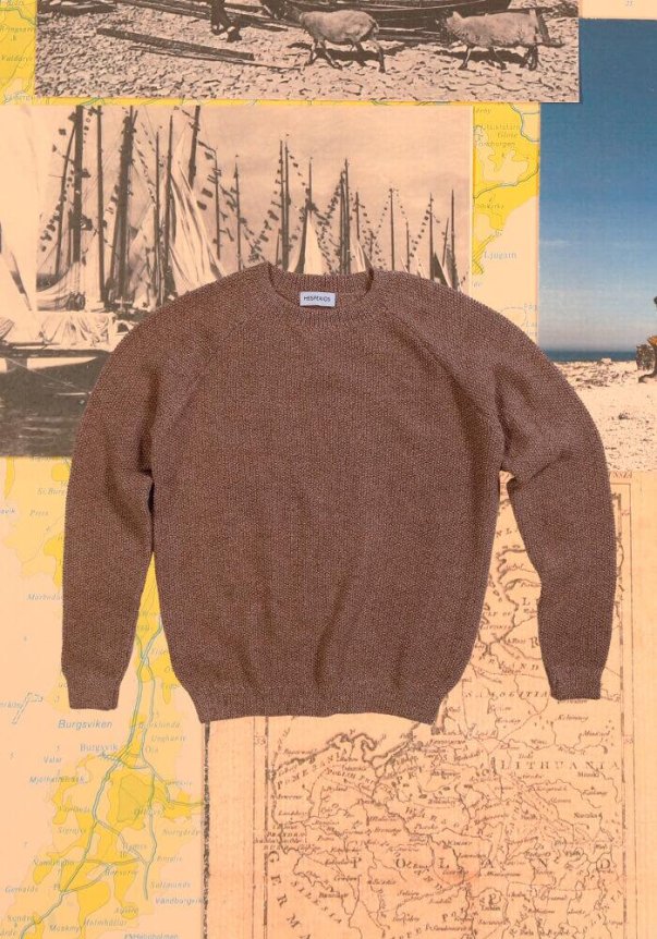 Hesperios 001 Fårö unisex baby alpaca sweater in Heather Beige Brown relaxed fit rice-stitch knit with ribbed neck, cuffs, and hem.