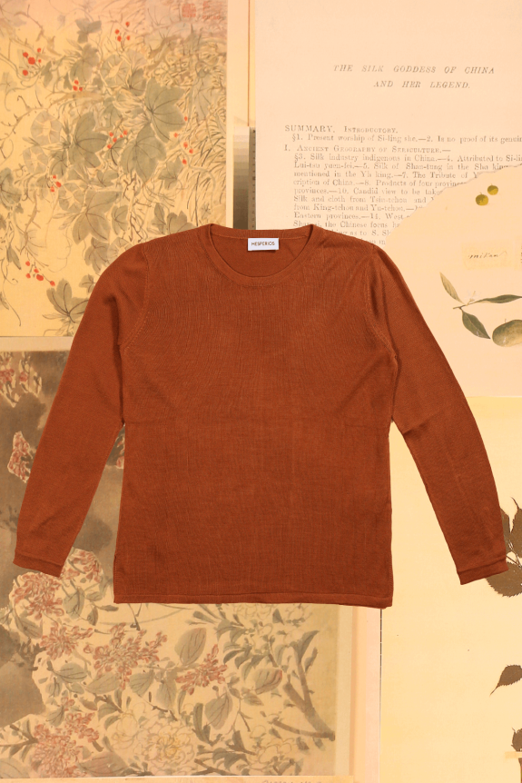 A rust-colored, long-sleeve sweater with a ribbed texture on a background of vintage botanical illustrations.