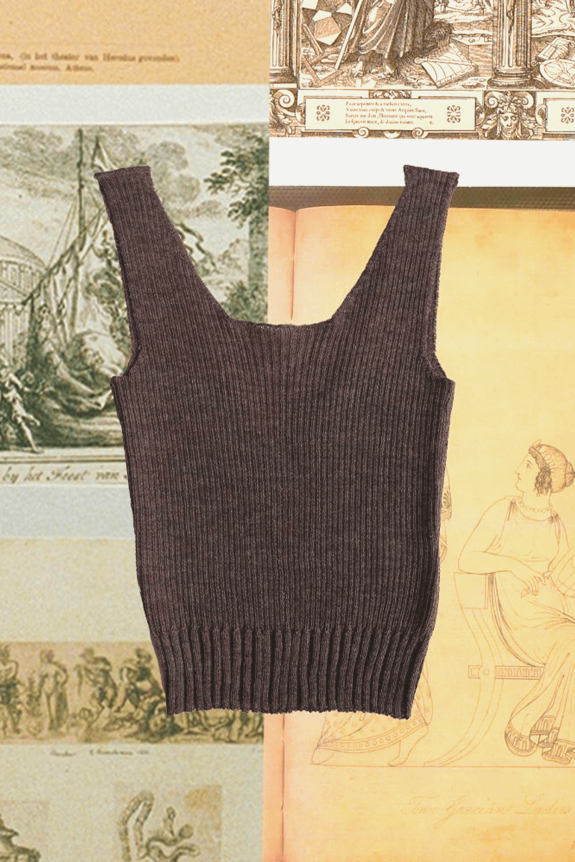 A brown ribbed knit sleeveless top with a square neckline, set against a background of vintage-style illustrations and text.