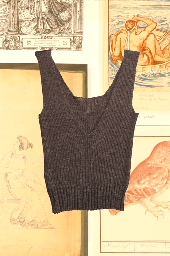 A dark brown ribbed knit tank top with a V-neck design, set against a backdrop of classical artwork illustrations.