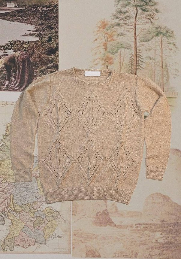 Beige knit sweater with diamond lace patterns, featuring a classic fit and ribbed cuffs, set against a vintage map and artwork background.