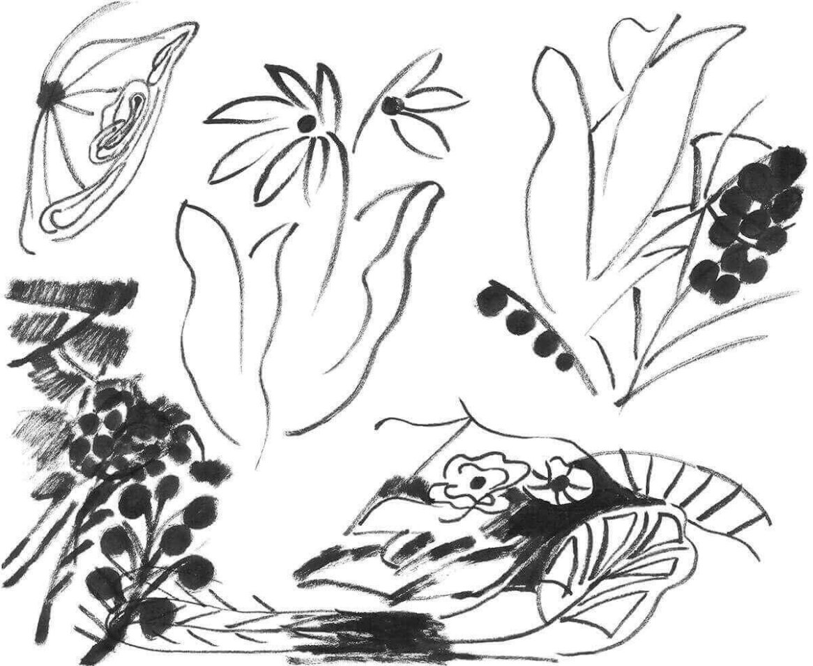 Abstract black ink floral sketches on white paper, featuring a variety of stylized leaves and flowers.