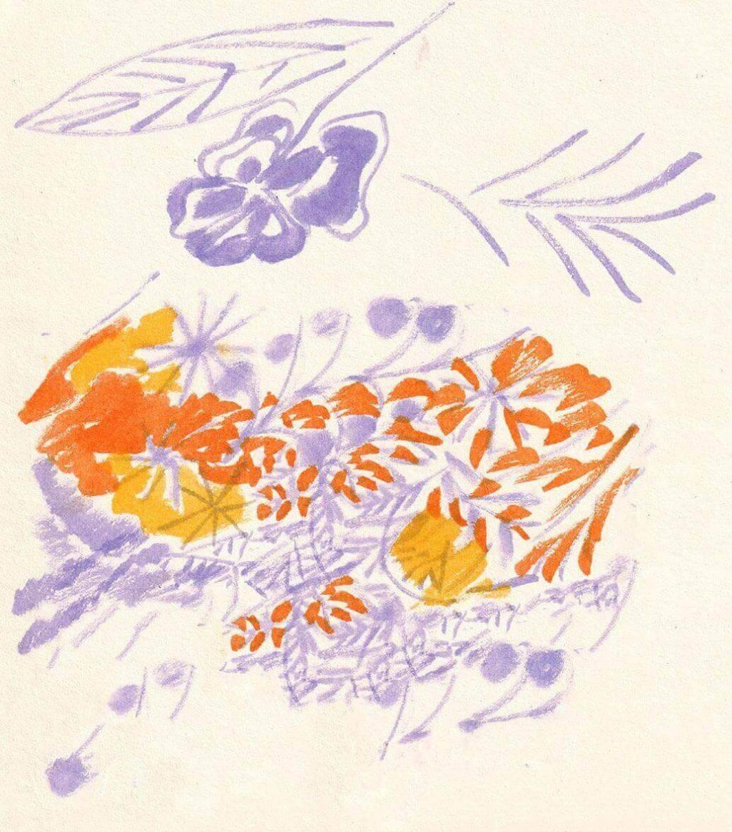 Abstract floral illustration featuring orange, yellow, and purple hues with delicate, sketch-like detailing.