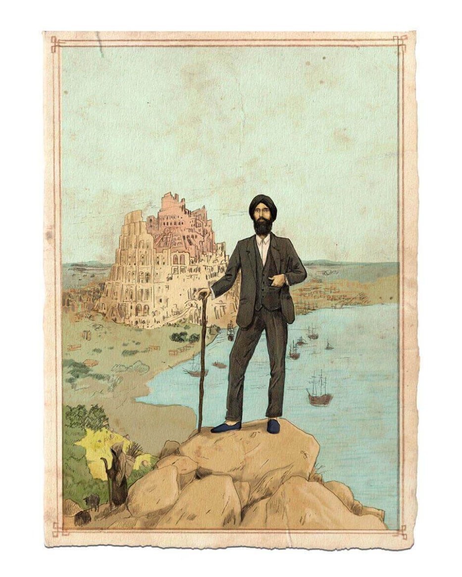 A man in a fitted dark suit with a turban stands confidently on rocks, holding a wooden cane, against a backdrop of a grand stepped building and a riverside scene.
