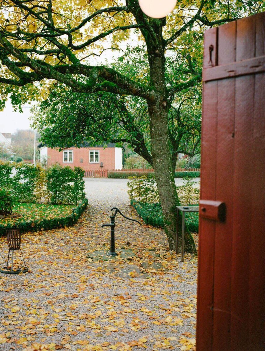 A quaint garden scene with a path covered in fallen autumn leaves, featuring a vintage black water pump, a tree, and a glimpse of a red brick house in the background.