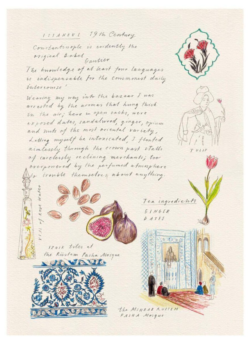 A handwritten and illustrated page featuring 19th-century Istanbul themes, including florals, figs, and architectural motifs with soft, watercolor-like colors.