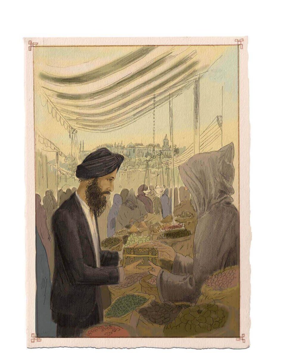 A person in a dark turban and tailored suit exchanges goods at a bustling market stall adorned with colorful produce under a draped canopy.