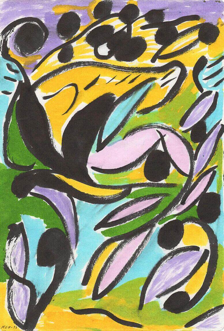 Abstract painting with dynamic black brushstrokes, vibrant colors like yellow, purple, green, and blue, creating a lively and energetic visual.