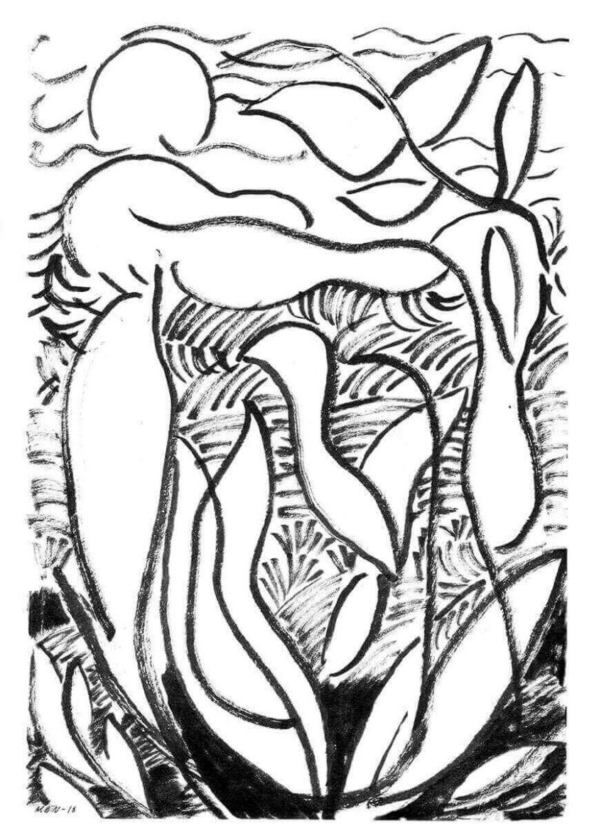 Abstract black and white line drawing featuring organic and floral shapes with flowing curves and patterns.