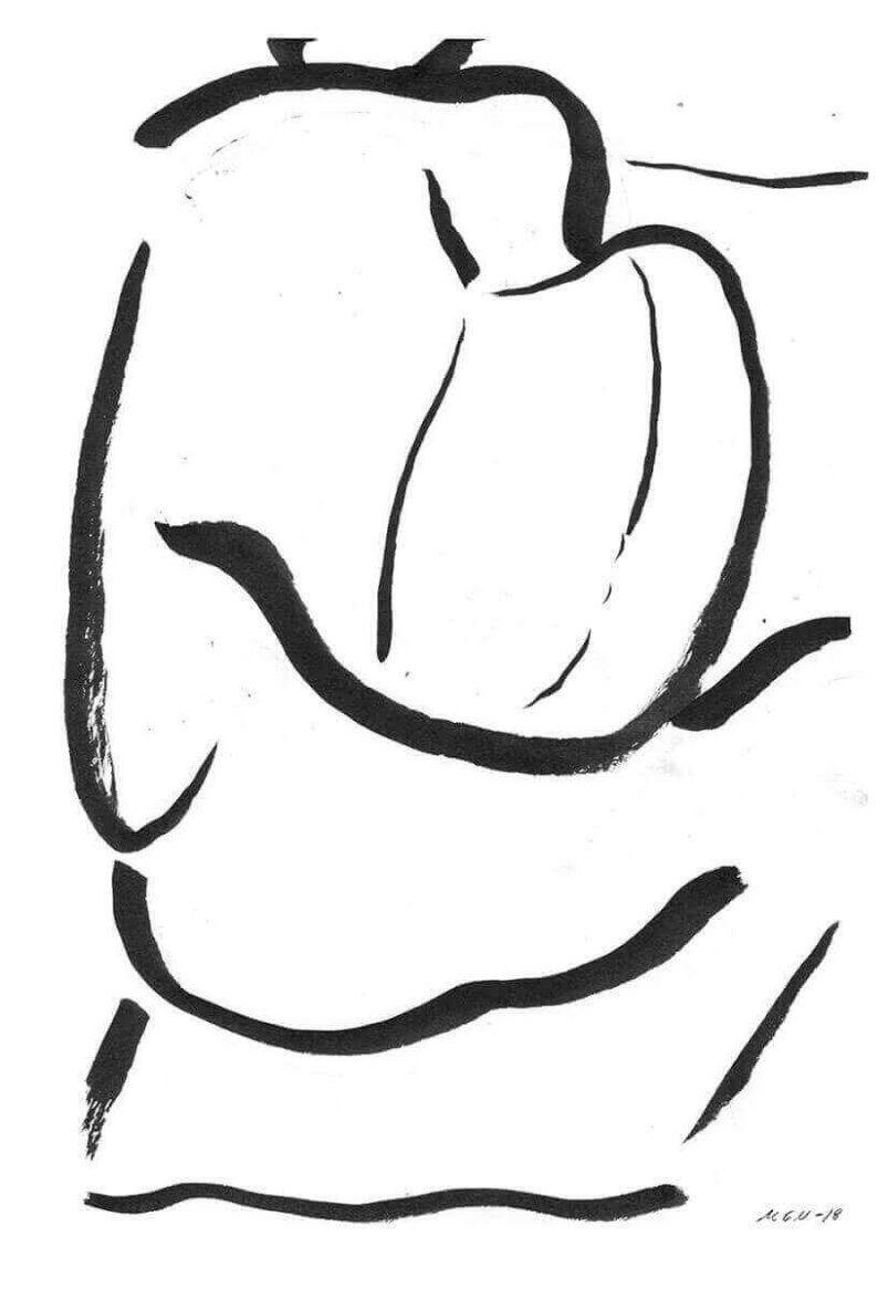 Abstract black ink illustration featuring bold, curved lines on a white background, resembling a minimalist human form or figure.