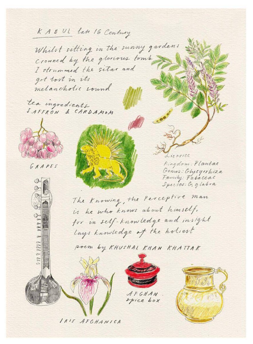 A beautifully illustrated collage featuring handwritten poetry by Khushal Khan Khattak, botanical drawings of saffron, cardamom, grapes, licorice, an Afghan spice box, and a sitar, evoking 16th-century Kabul.
