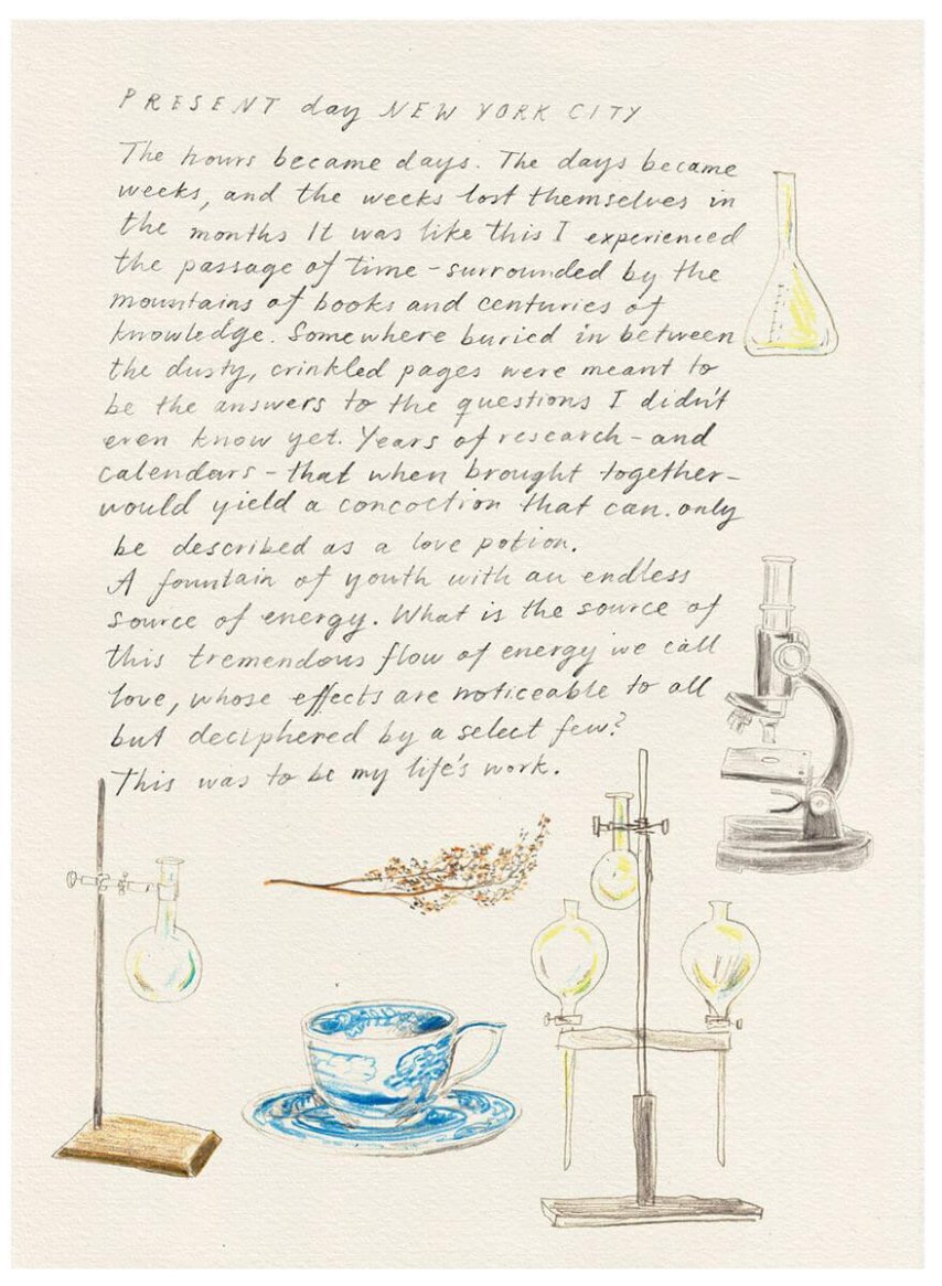 A handwritten note about research accompanied by illustrations of scientific equipment, a tea cup, and dried flowers, all in a vintage style with delicate colors.