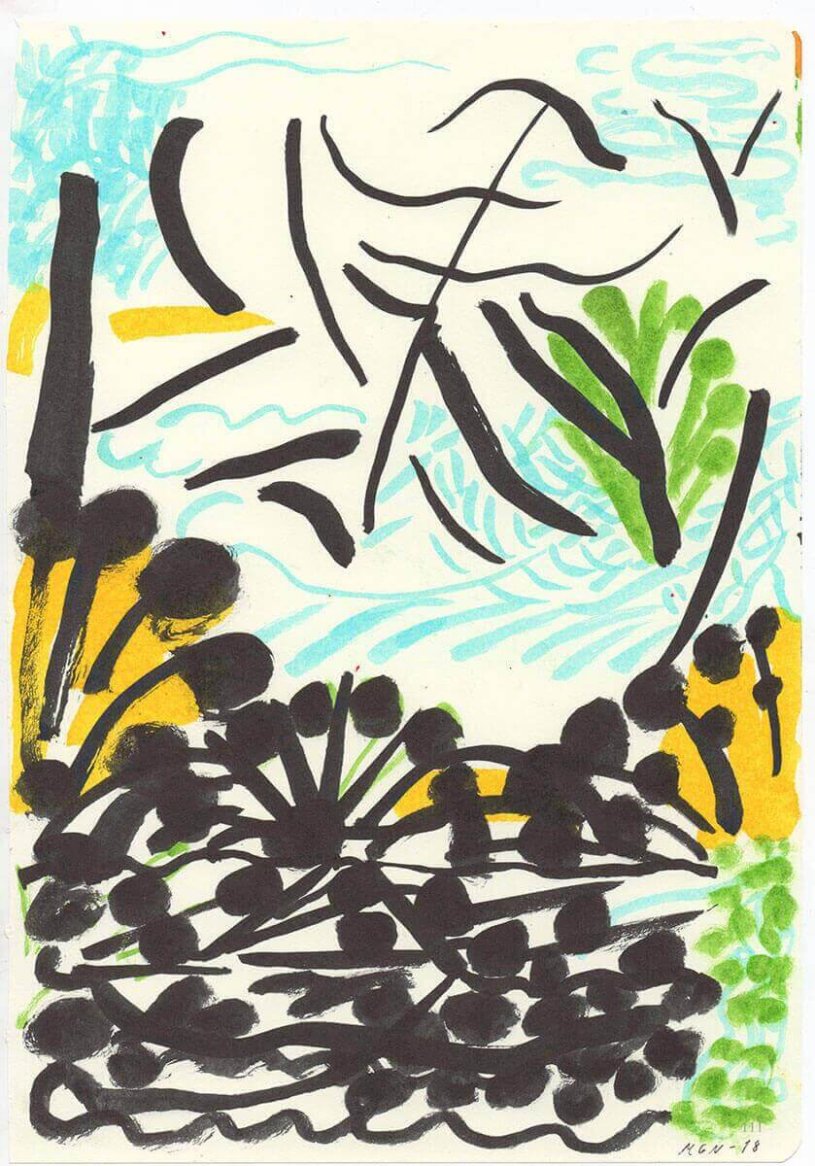 Abstract artwork featuring black organic shapes with yellow, green, and light blue accents on a light background.