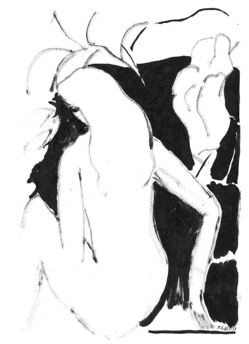 A black and white abstract sketch of a seated figure with minimalistic lines and shading.