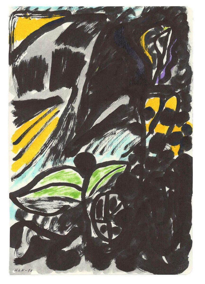 Abstract artwork featuring bold black brushstrokes, with accents of yellow, green, and blue, resembling an expressive and dynamic design.