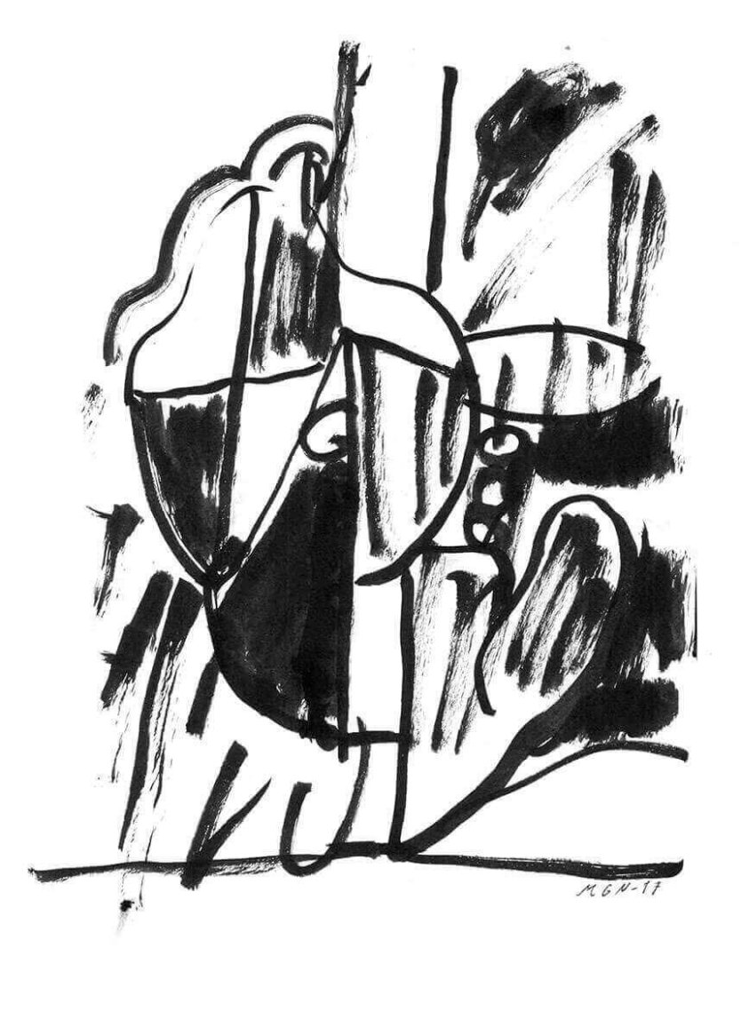 Abstract black and white sketch with bold, expressive brushstrokes and geometric shapes, creating a dynamic, artistic composition.