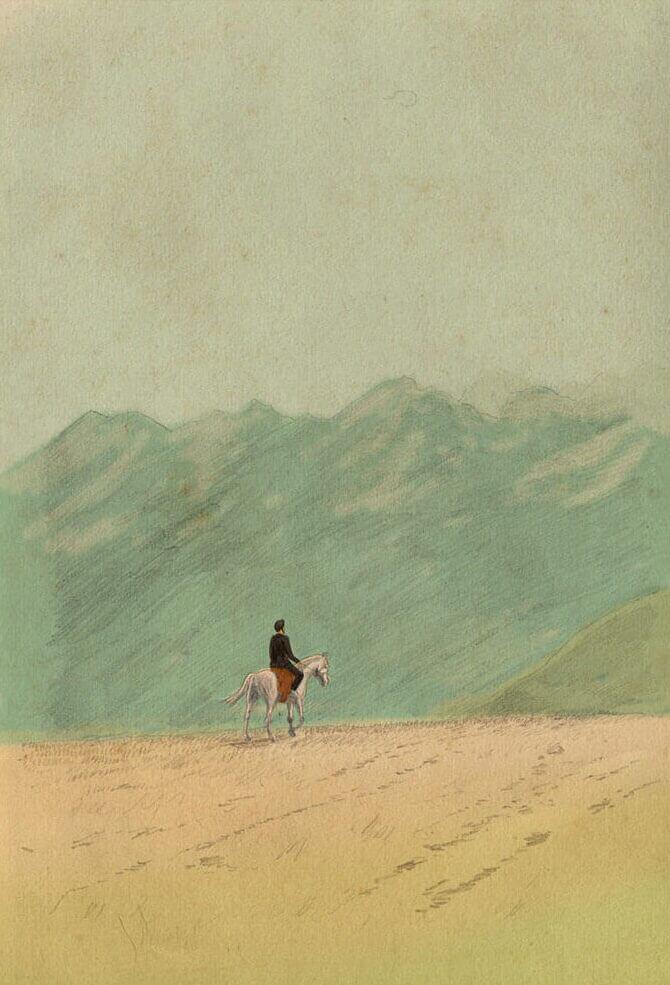 A solitary rider in formal black attire sits on a white horse, set against a vast landscape of muted green mountains and a sandy plain.