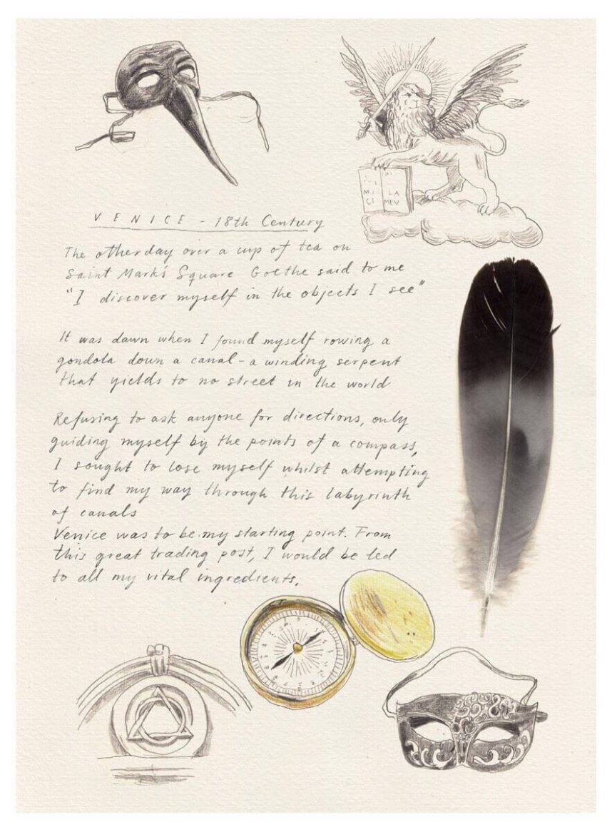 A handwritten note with illustrations of a Venetian mask, compass, feather, St. Mark's lion, and other items, evoking 18th-century Venice.