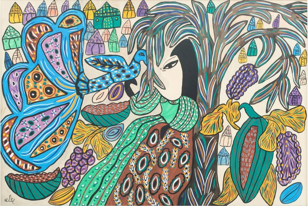 A vibrant, abstract artwork featuring colorful birds, foliage, and patterned elements with houses in the background, all in a bold, expressive style.
