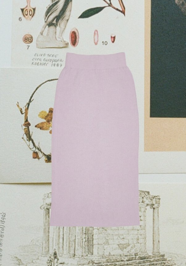 Lilac ribbed midi skirt with a high-waist fit, set against a vintage botanical and architectural collage background.
