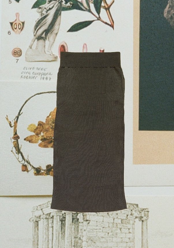 A dark brown, ribbed, fitted knit skirt displayed against a vintage botanical illustration background.