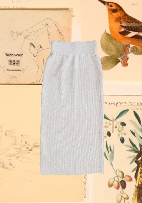 A light gray, ribbed knit pencil skirt with a high-waisted fit, set against a backdrop of vintage botanical and classical art illustrations.