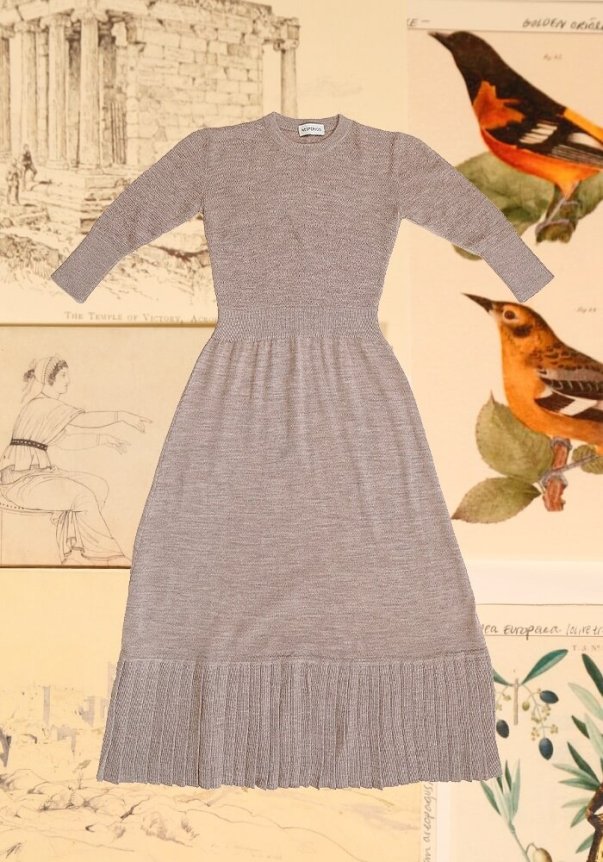 A textured grey knit midi dress with a fitted bodice, three-quarter sleeves, and a pleated skirt, set against a background of vintage illustrations and bird artwork.