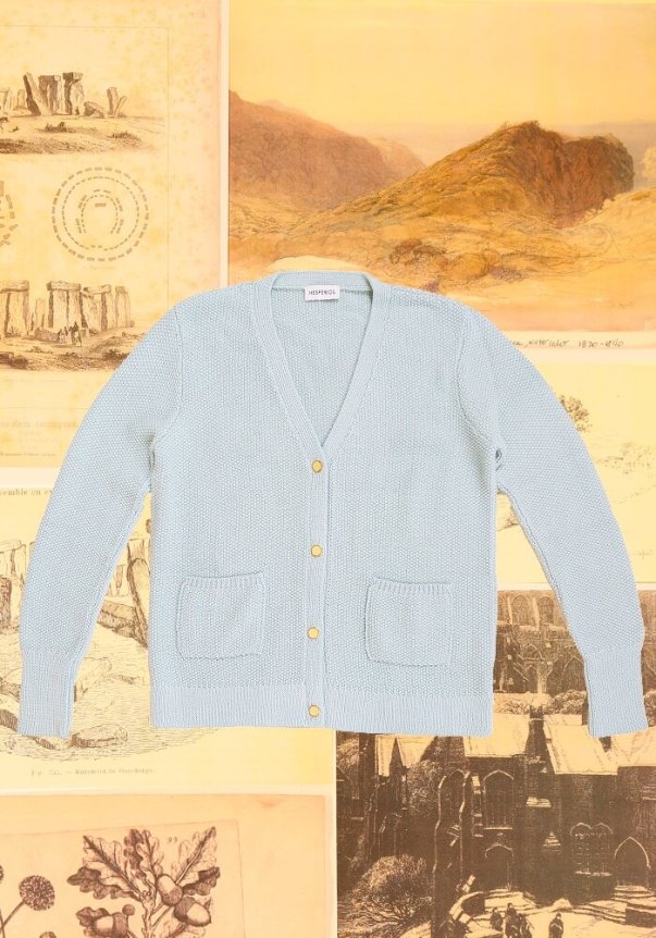 A light blue, textured knit cardigan features a V-neck, button-down closure, and front pockets, set against a backdrop of vintage landscape illustrations.