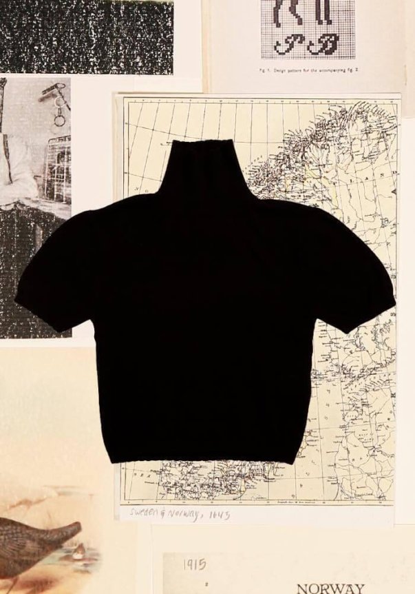 A light pink, short-sleeved turtleneck sweater with a fitted silhouette laid on vintage illustrations and a black and white historic photograph background.
