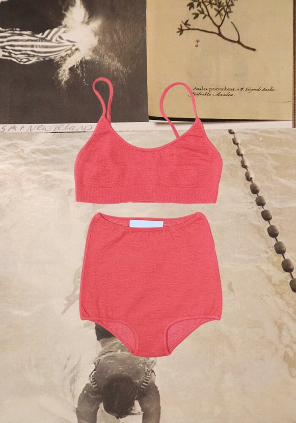 A coral pink bralette and high-waisted shorts set made of soft, stretchy fabric, displayed on a vintage-style collage background.
