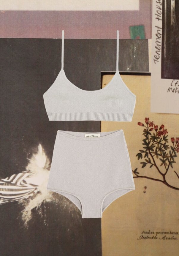 A light gray, knitted bralette and high-waisted shorts set with a minimal design, displayed against a vintage botanical collage background.
