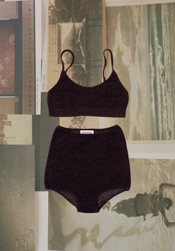 A dark brown knit bralette and high-waisted underwear set is laid over a collage of vintage photographs.