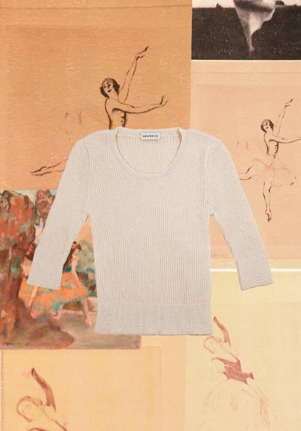 A light beige, ribbed, 3/4 sleeve knit sweater with a scoop neckline set against a collage backdrop of ballet-themed artwork.