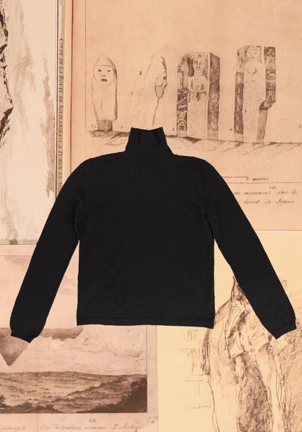 A black, long-sleeve turtleneck sweater with a relaxed fit is placed on a background of sketch-like historic artwork.